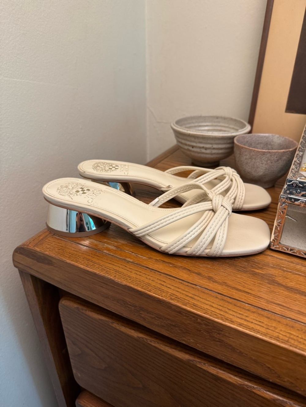 Vince Camuto Cream Braided Strap Mules with Silver Block Heel